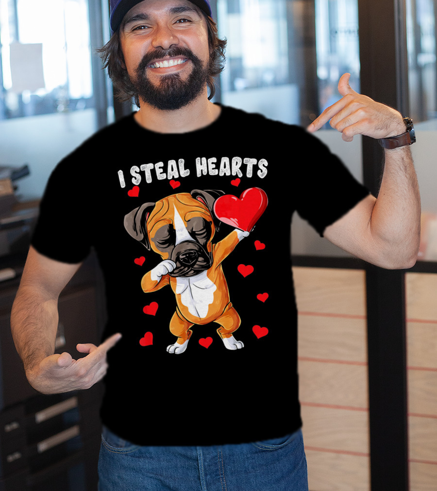 Dabbing Boxer Dog Holding Red Heart I Steal Hearts T-Shirt