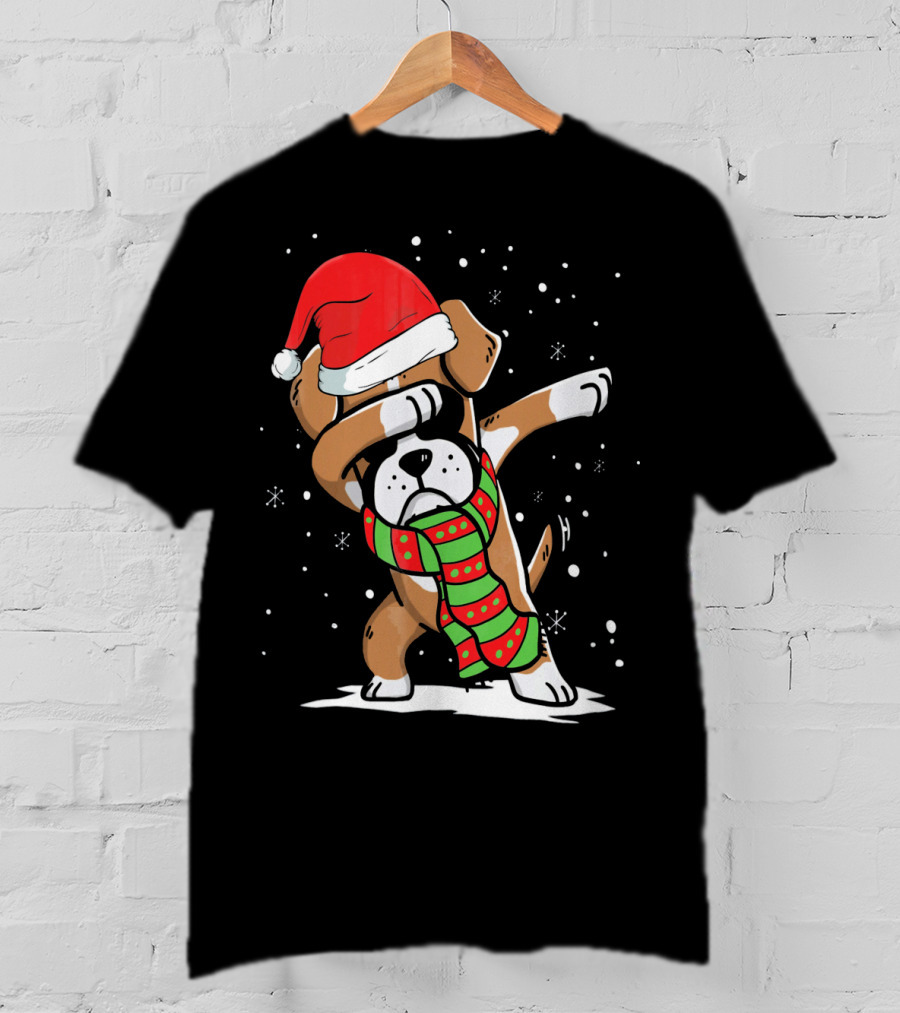 Festive Dabbing Boxer Dog In Santa Hat And Scarf For Christmas Dog Lovers T-Shirt