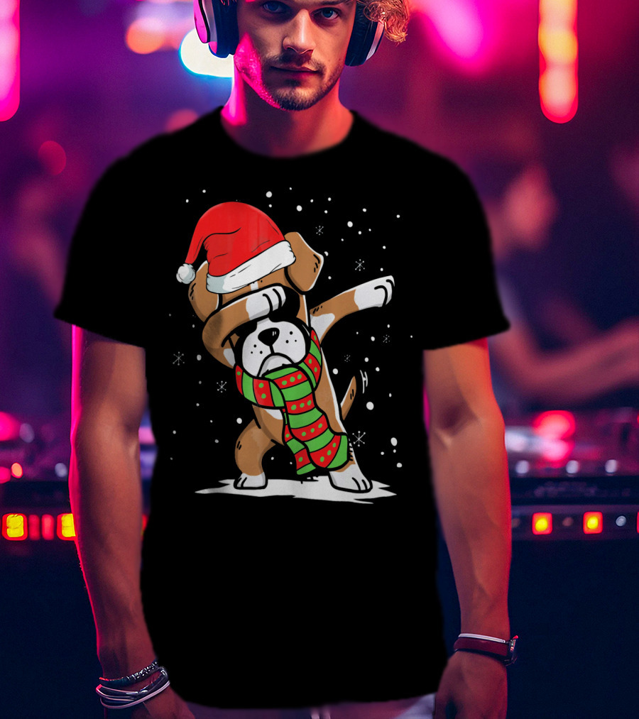 Festive Dabbing Boxer Dog In Santa Hat And Scarf For Christmas Dog Lovers T-Shirt