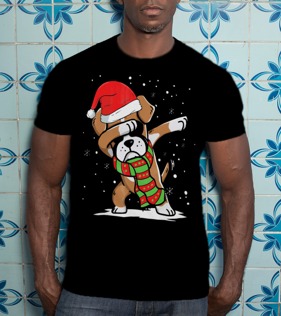 Festive Dabbing Boxer Dog In Santa Hat And Scarf For Christmas Dog Lovers T-Shirt