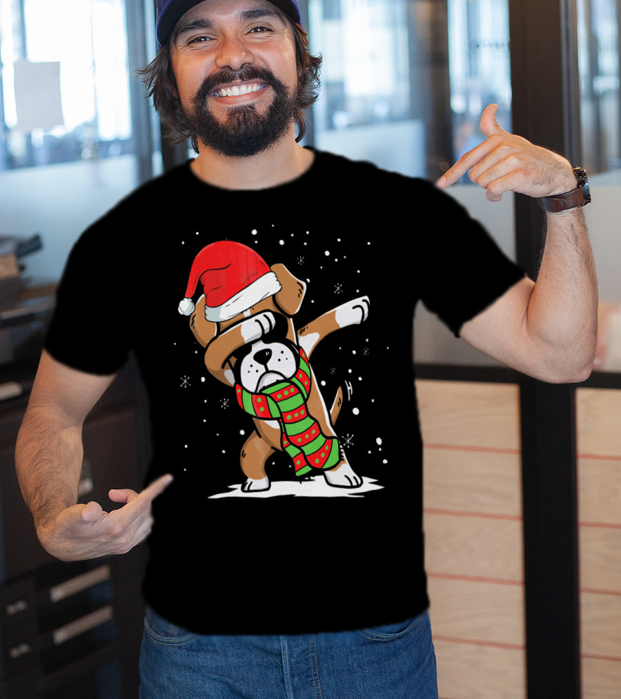 Festive Dabbing Boxer Dog In Santa Hat And Scarf For Christmas Dog Lovers T-Shirt