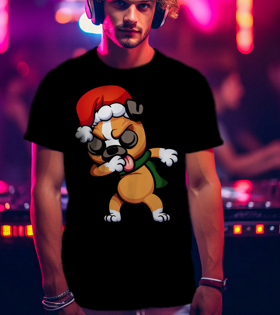 Dabbing Boxer Santa Dog Cartoon With Christmas Hat And Scarf T-Shirt