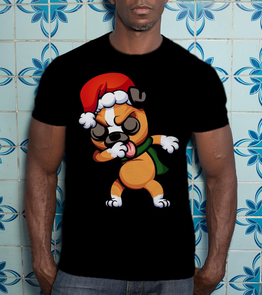 Dabbing Boxer Santa Dog Cartoon With Christmas Hat And Scarf T-Shirt