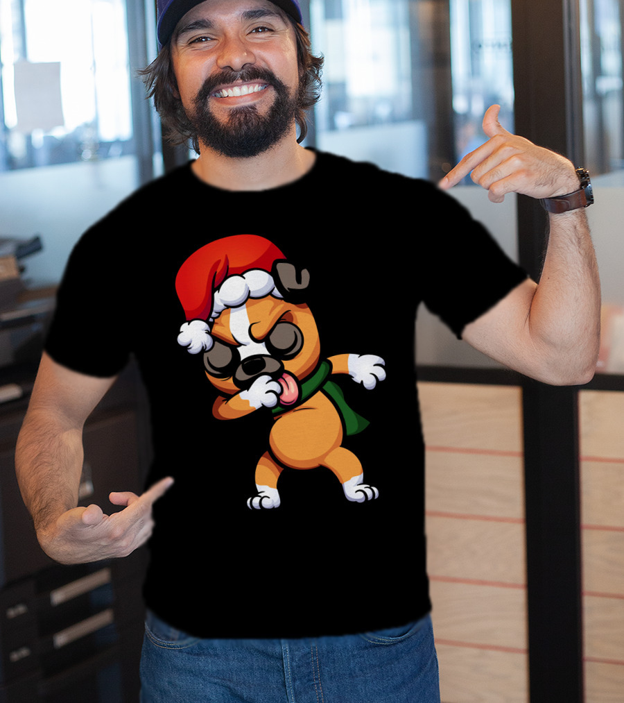 Dabbing Boxer Santa Dog Cartoon With Christmas Hat And Scarf T-Shirt