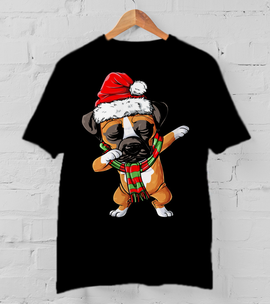 Boxer Dog Dabbing Santa Hat Christmas Scarf T-Shirt