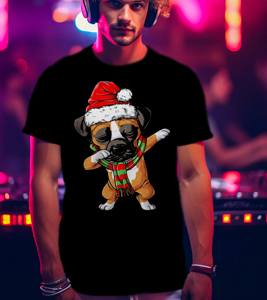 Boxer Dog Dabbing Santa Hat Christmas Scarf T-Shirt