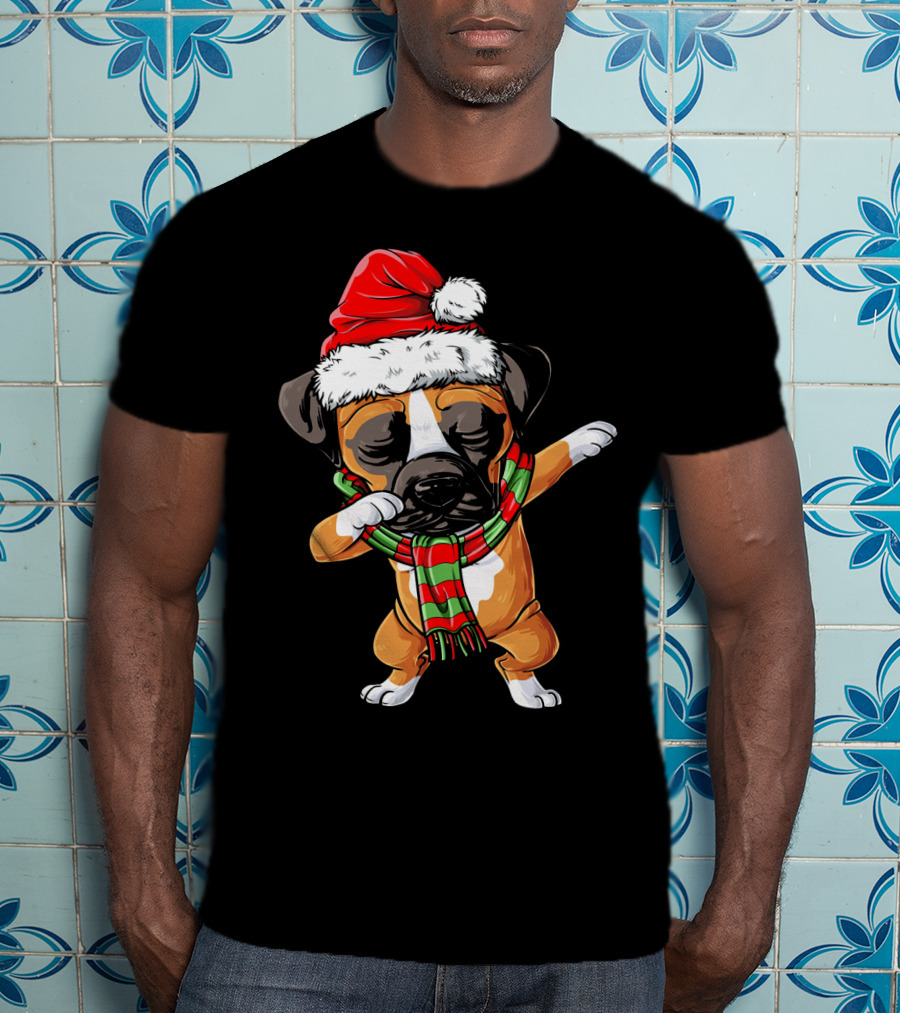 Boxer Dog Dabbing Santa Hat Christmas Scarf T-Shirt