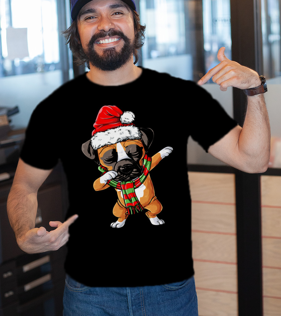 Boxer Dog Dabbing Santa Hat Christmas Scarf T-Shirt