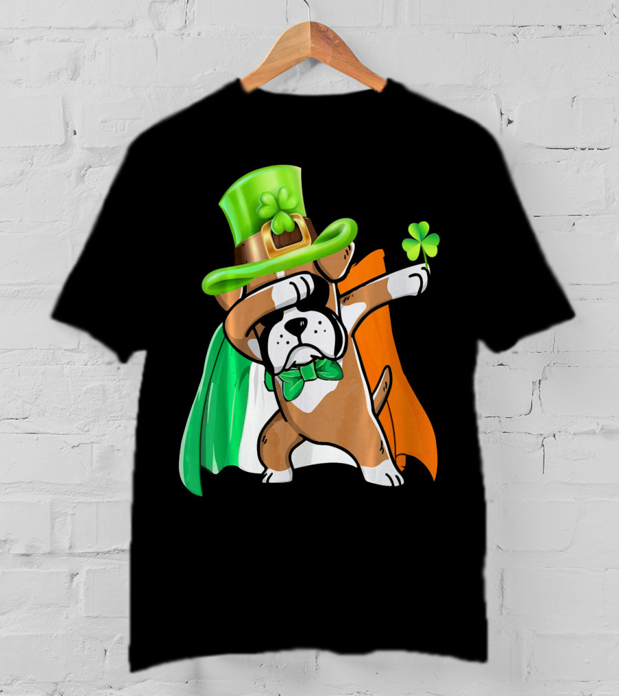 Lucky Boxer Dabbing With Irish Flag And Shamrock Hat T-Shirt