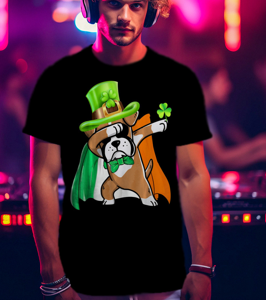 Lucky Boxer Dabbing With Irish Flag And Shamrock Hat T-Shirt