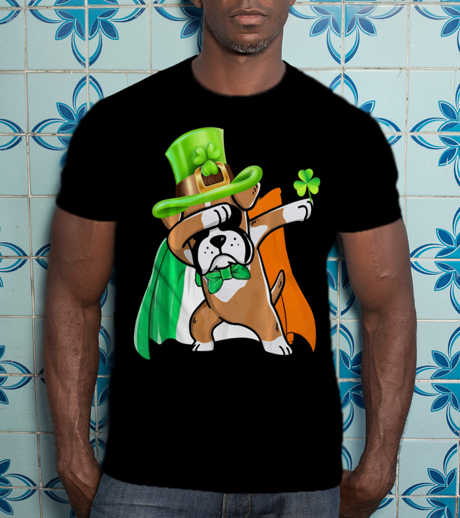 Lucky Boxer Dabbing With Irish Flag And Shamrock Hat T-Shirt