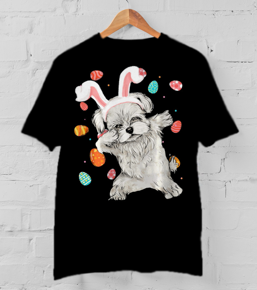 Dabbing Maltese Dog With Easter Bunny Ears And Colorful Eggs T-Shirt