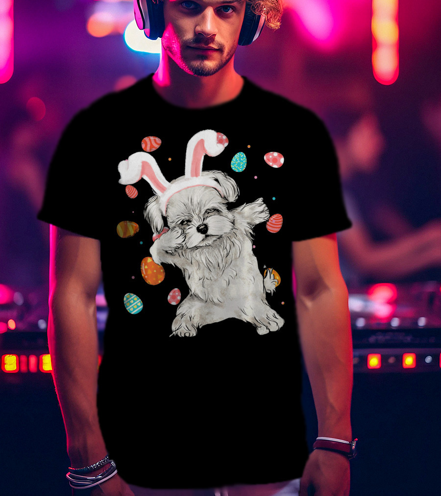 Dabbing Maltese Dog With Easter Bunny Ears And Colorful Eggs T-Shirt