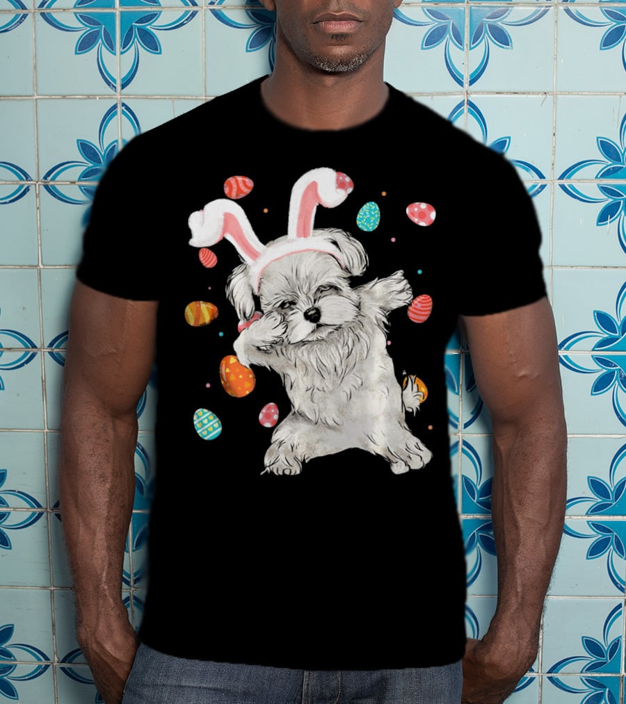 Dabbing Maltese Dog With Easter Bunny Ears And Colorful Eggs T-Shirt
