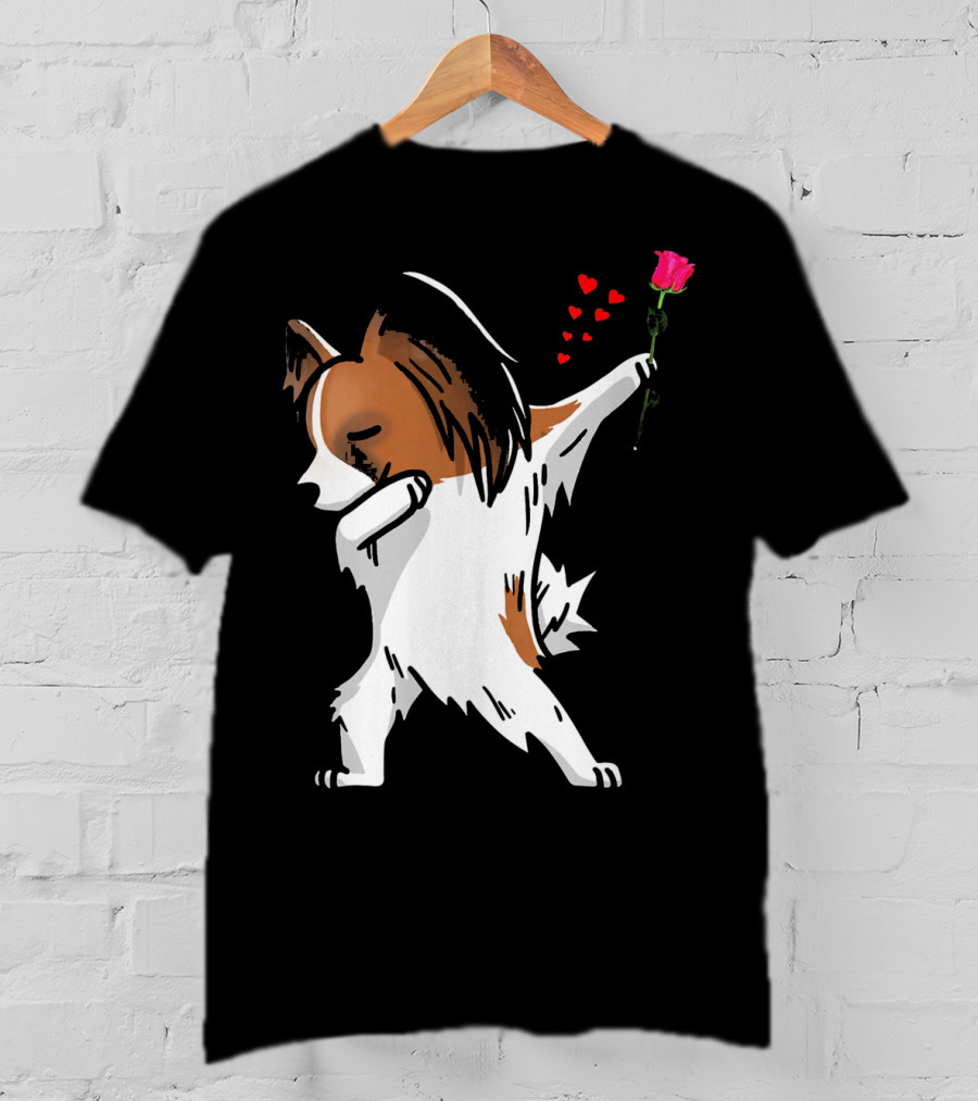 Dabbing Papillon Dog Holding Rose With Hearts For Valentines Day T-Shirt