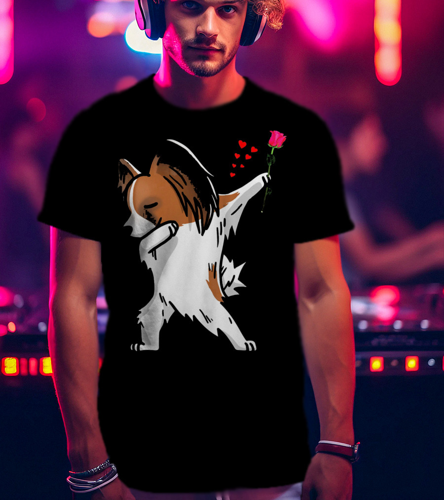 Dabbing Papillon Dog Holding Rose With Hearts For Valentines Day T-Shirt