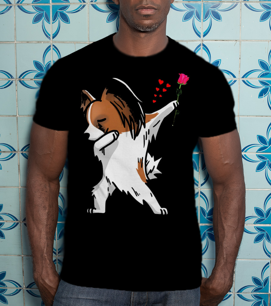 Dabbing Papillon Dog Holding Rose With Hearts For Valentines Day T-Shirt