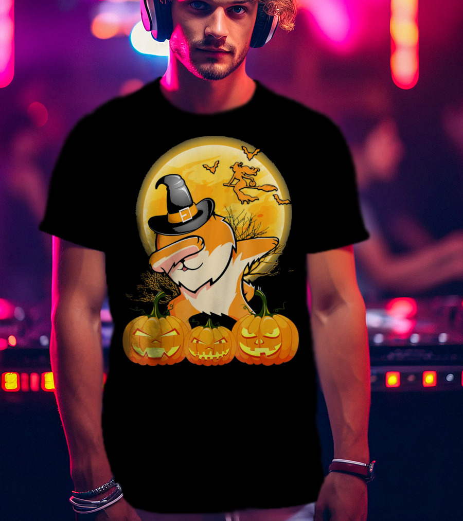 Dabbing Pomeranian Dog Halloween Pumpkin Witch Moon T-Shirt