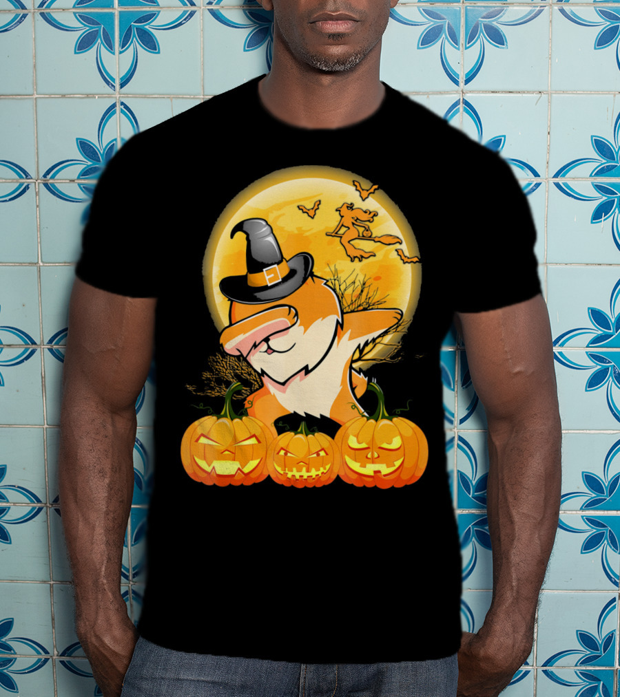 Dabbing Pomeranian Dog Halloween Pumpkin Witch Moon T-Shirt