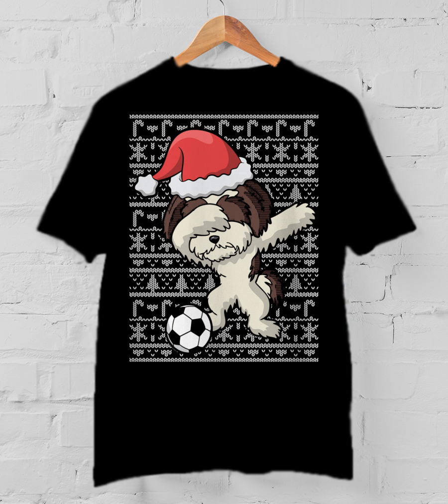 Santa Hat Dabbing Shih Tzu Soccer Ball Holiday Knit T-Shirt