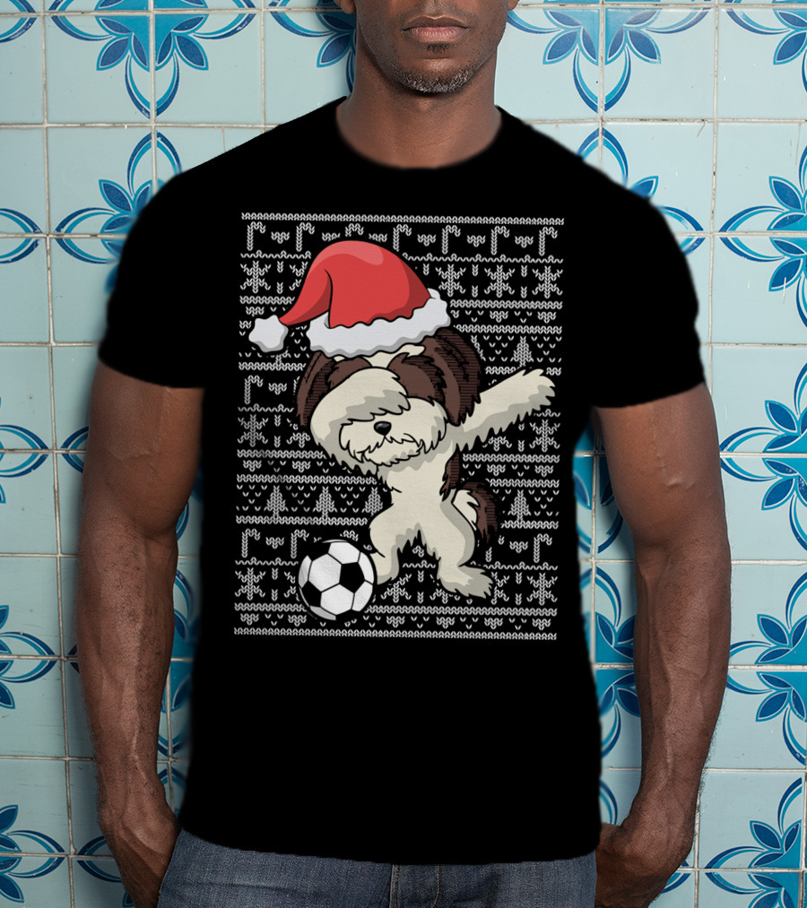 Santa Hat Dabbing Shih Tzu Soccer Ball Holiday Knit T-Shirt