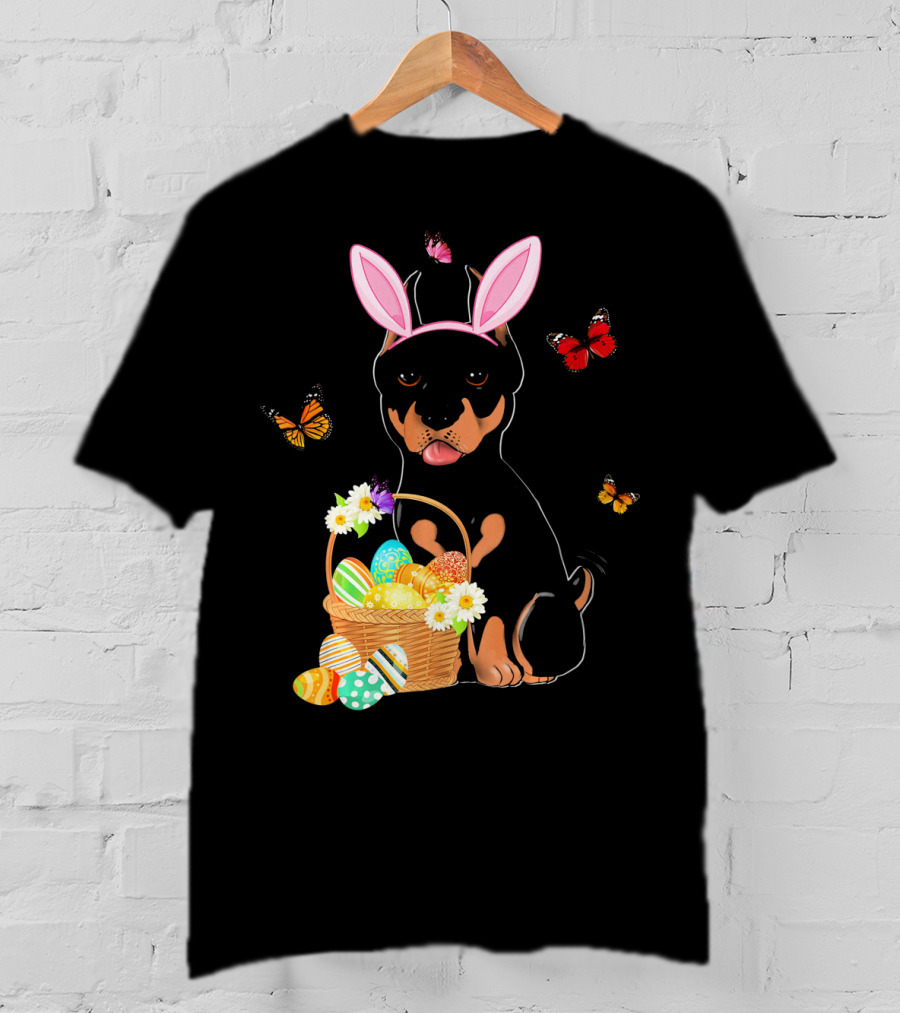 Doberman Bunny Hat Rabbit With Basket Of Easter Eggs And Butterflies T-Shirt