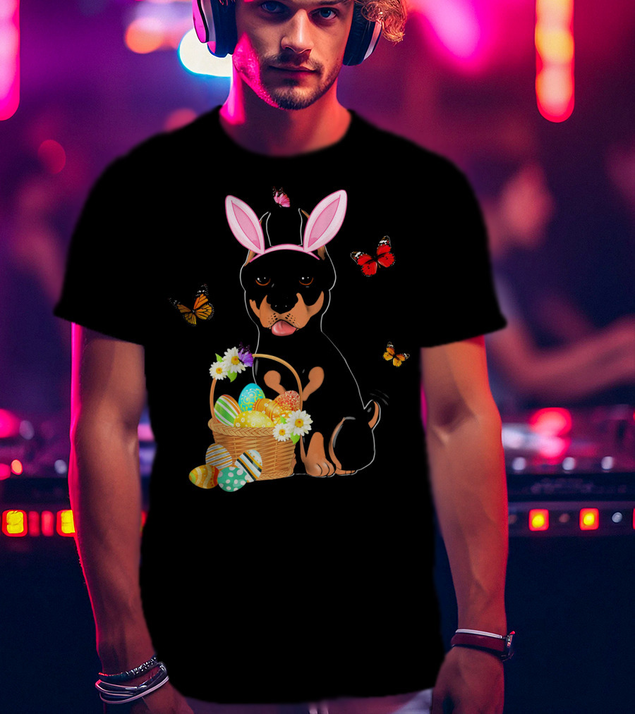 Doberman Bunny Hat Rabbit With Basket Of Easter Eggs And Butterflies T-Shirt