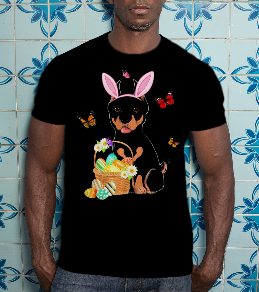 Doberman Bunny Hat Rabbit With Basket Of Easter Eggs And Butterflies T-Shirt