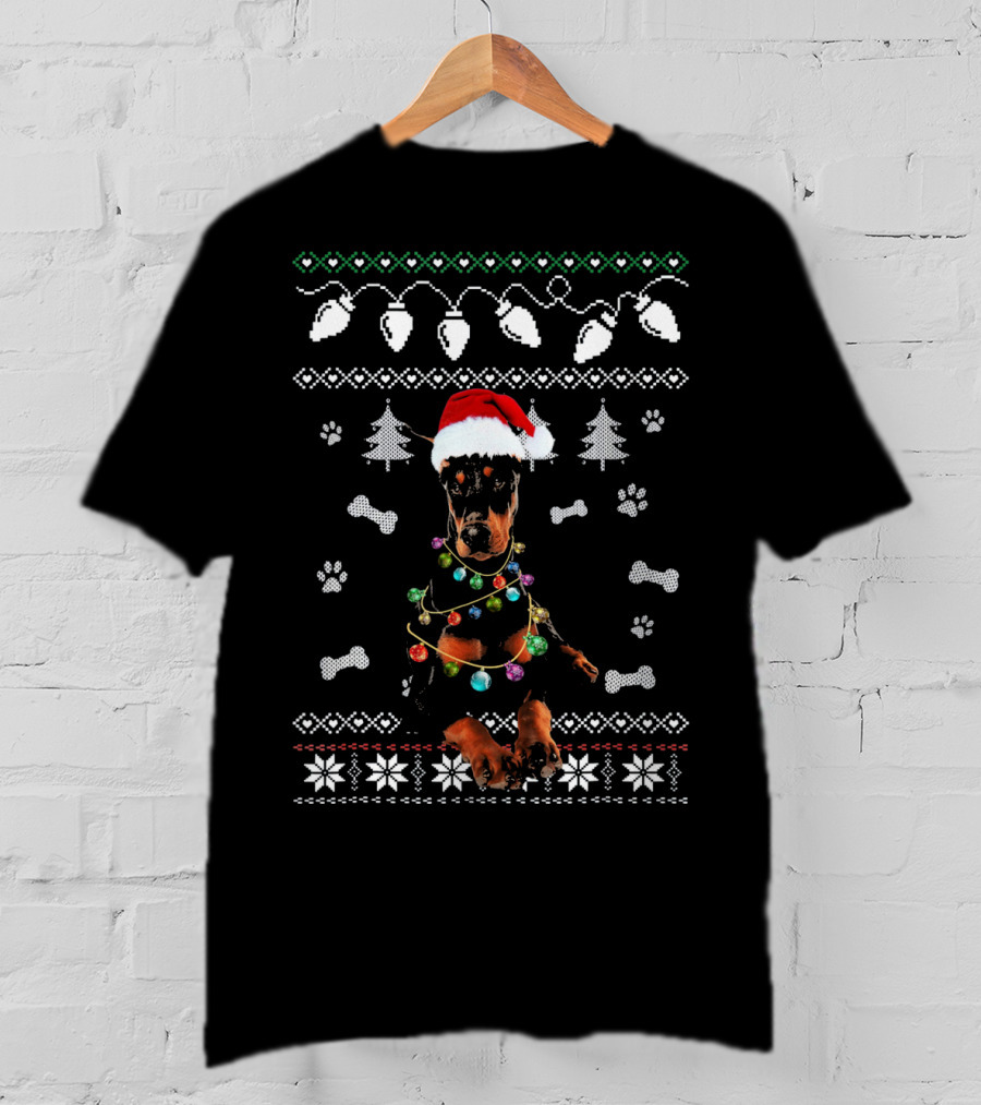 Doberman Festive Santa Hat Lights Christmas T-Shirt