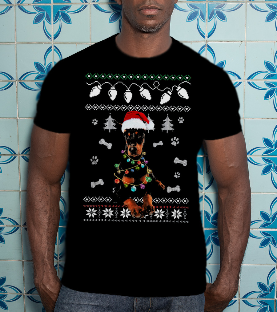 Doberman Festive Santa Hat Lights Christmas T-Shirt