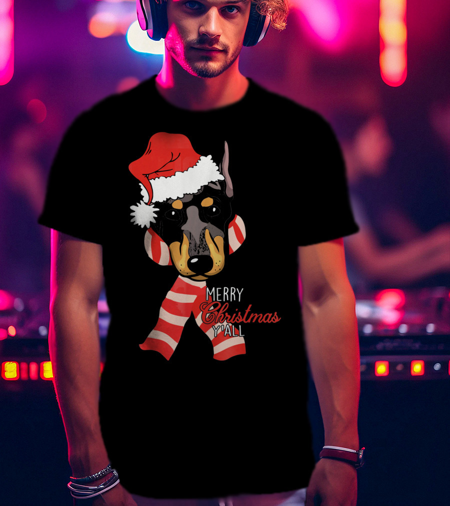 Merry Christmas Y'all Doberman Dog With Santa Hat And Candy Cane Stripes T-Shirt