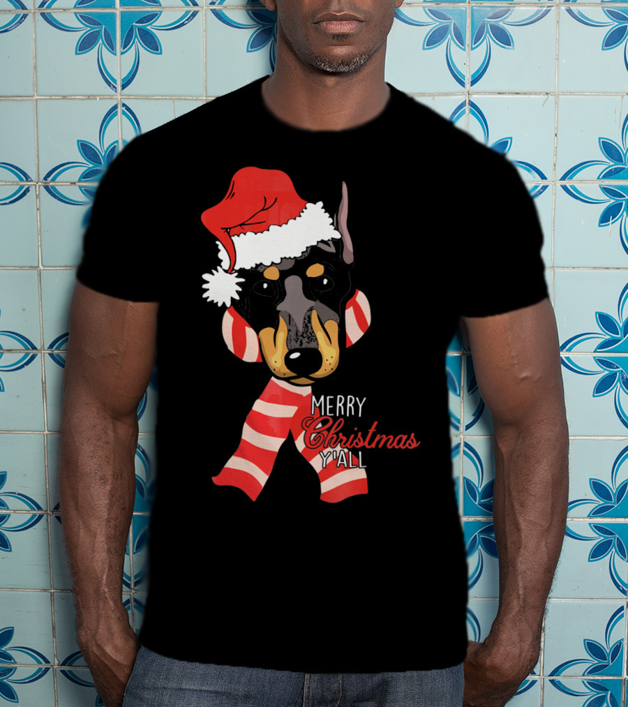 Merry Christmas Y'all Doberman Dog With Santa Hat And Candy Cane Stripes T-Shirt