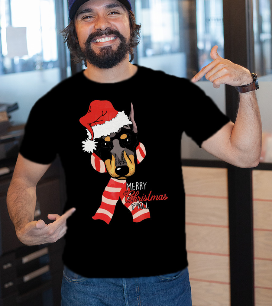Merry Christmas Y'all Doberman Dog With Santa Hat And Candy Cane Stripes T-Shirt