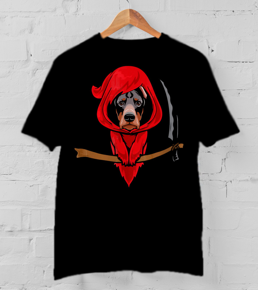 Doberman Grim Reaper Red Hood Scythe T-Shirt