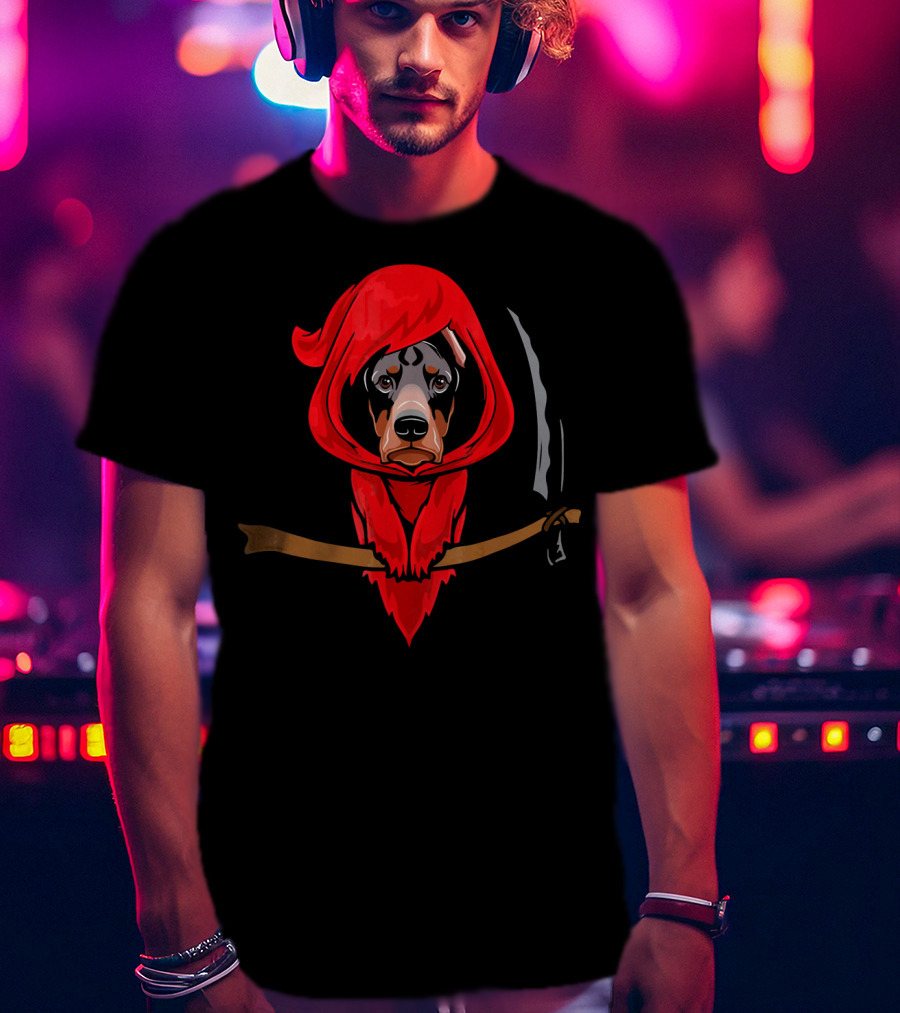 Doberman Grim Reaper Red Hood Scythe T-Shirt