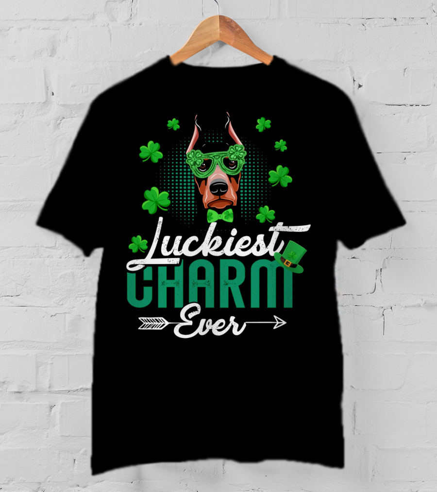 Luckiest Charm Ever Doberman Patrick's Day Shamrock Glasses T-Shirt