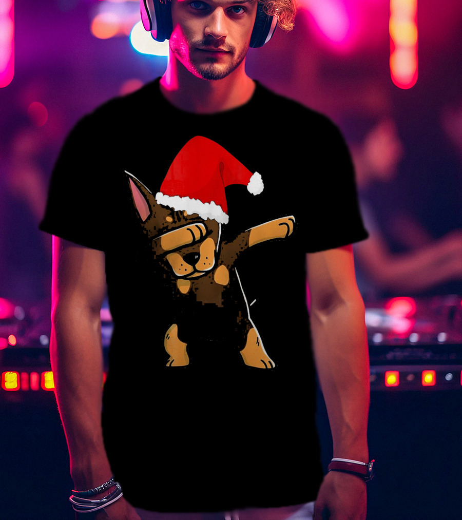 Doberman Pinscher Dabbing Santa Hat Christmas T-Shirt