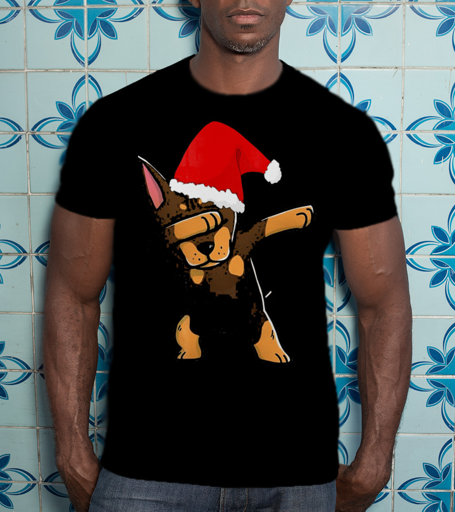Doberman Pinscher Dabbing Santa Hat Christmas T-Shirt