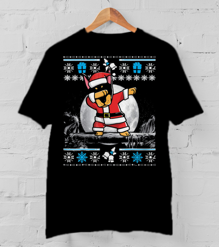Doberman Pinscher Santa Claus Dabbing Christmas Sweater Moon Snowflake Gift T-Shirt