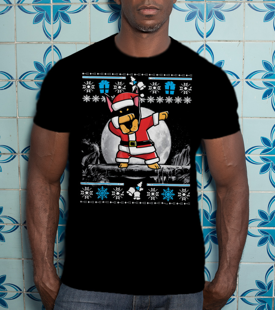 Doberman Pinscher Santa Claus Dabbing Christmas Sweater Moon Snowflake Gift T-Shirt