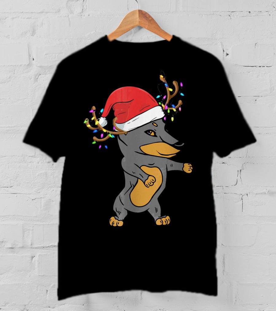 Christmas Doberman Santa Hat Reindeer Antlers Lights Dog Lovers T-Shirt