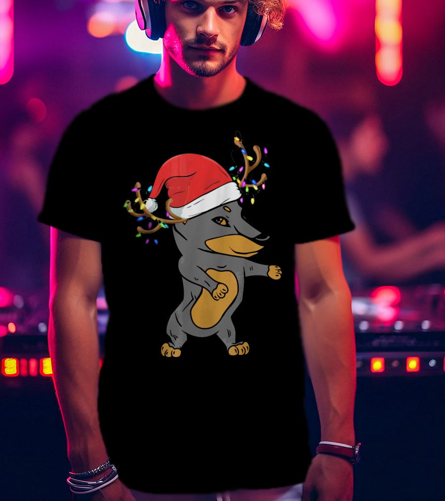 Christmas Doberman Santa Hat Reindeer Antlers Lights Dog Lovers T-Shirt