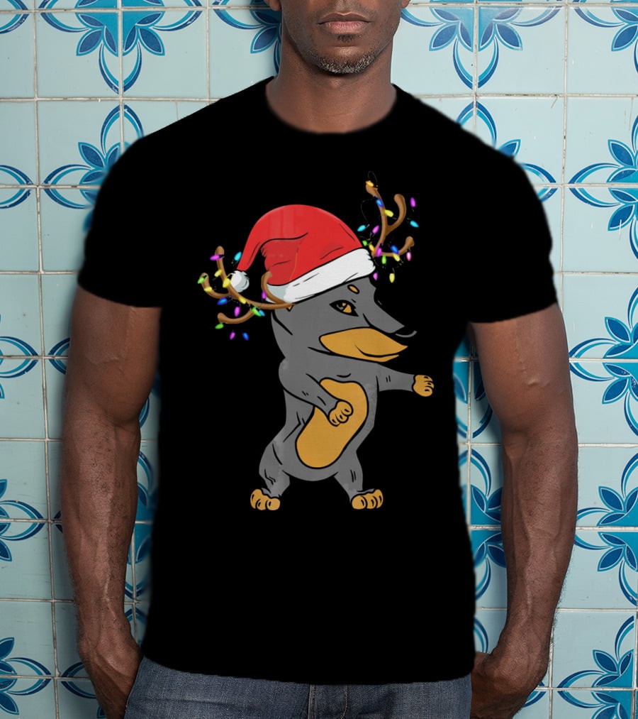 Christmas Doberman Santa Hat Reindeer Antlers Lights Dog Lovers T-Shirt