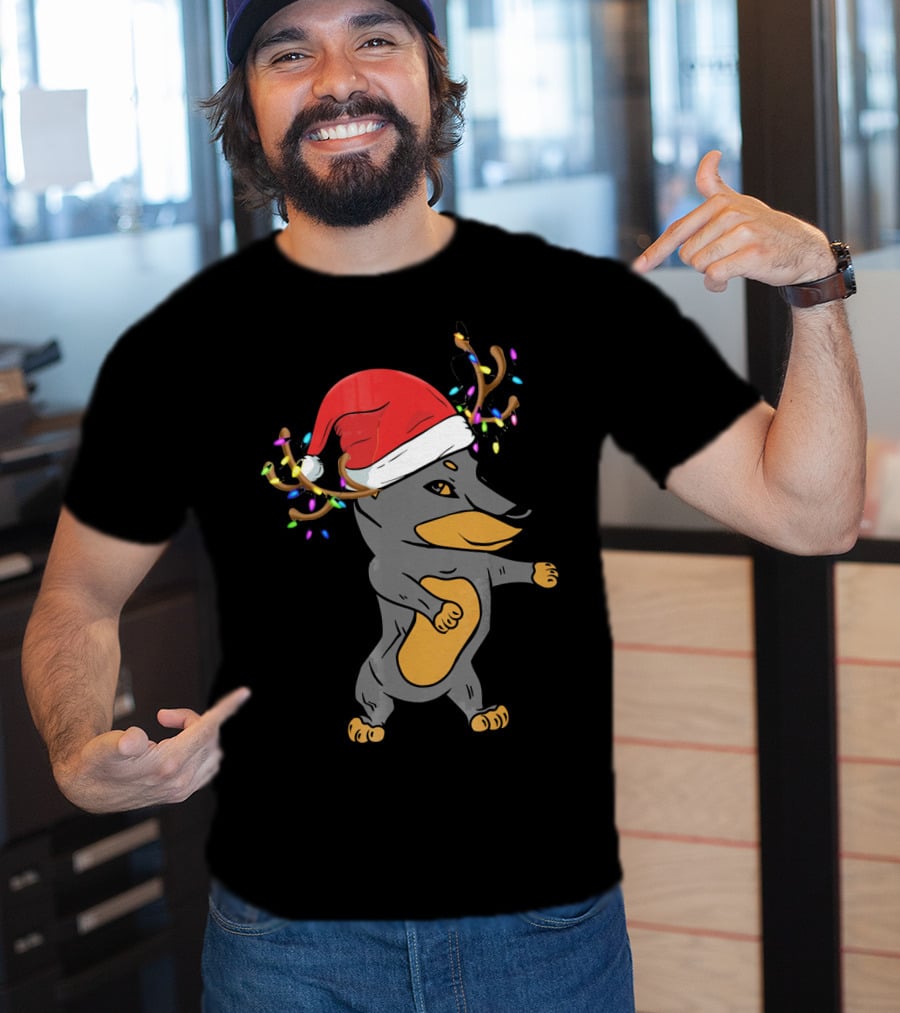 Christmas Doberman Santa Hat Reindeer Antlers Lights Dog Lovers T-Shirt