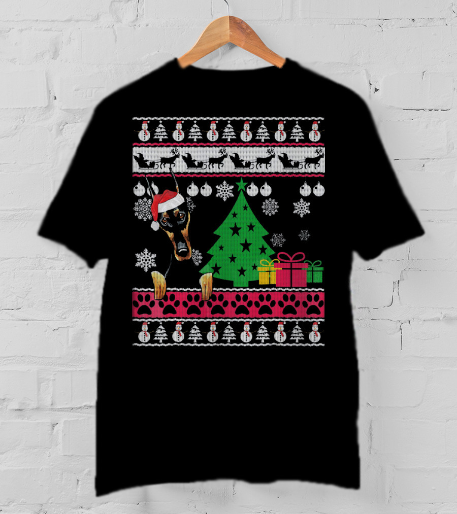 Doberman Christmas Sweater With Santa Hat And Festive Decorations T-Shirt