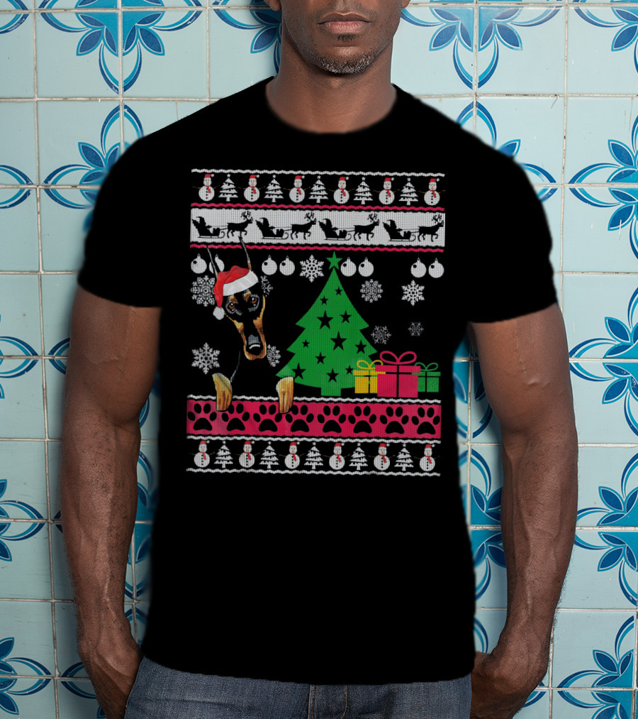 Doberman Christmas Sweater With Santa Hat And Festive Decorations T-Shirt