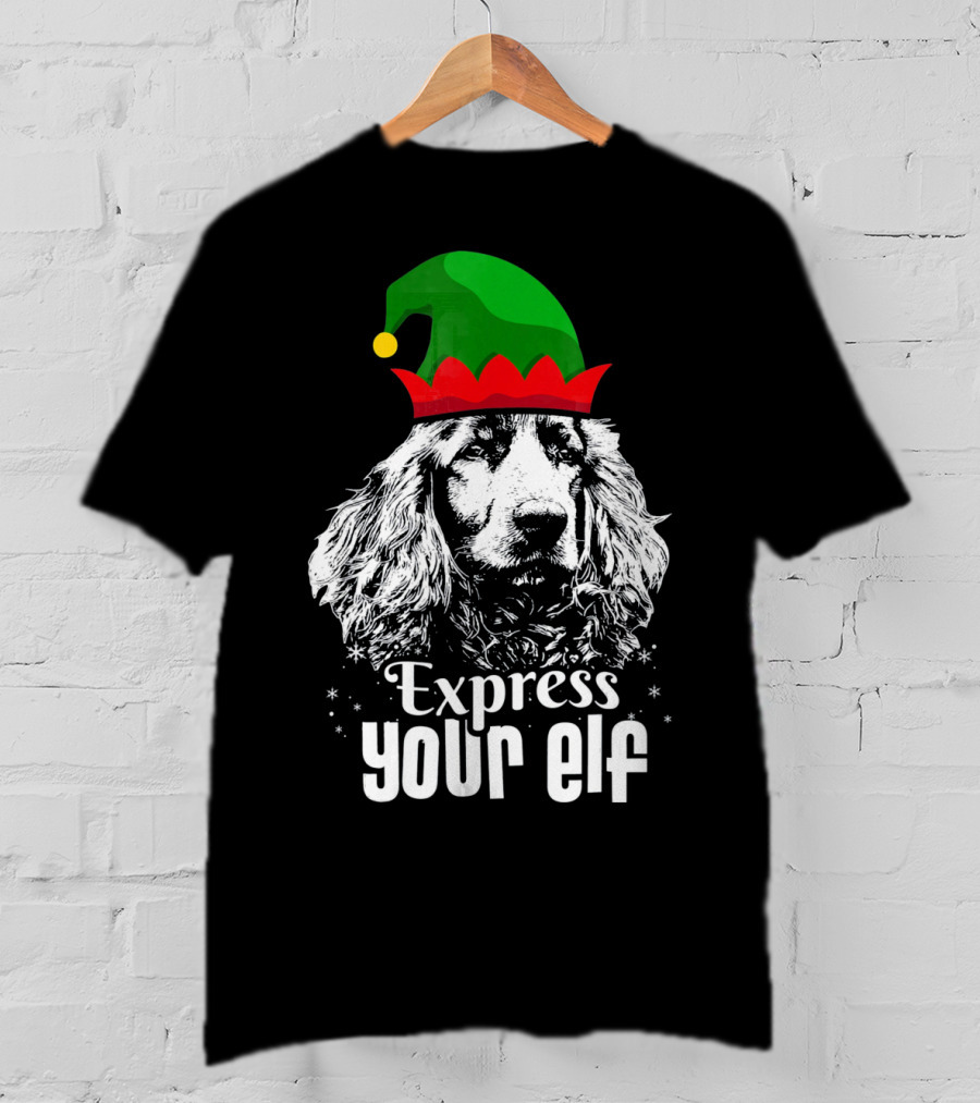 Express Your Elf English Cocker Spaniel Christmas Dog Wearing Green And Red Elf Hat T-Shirt