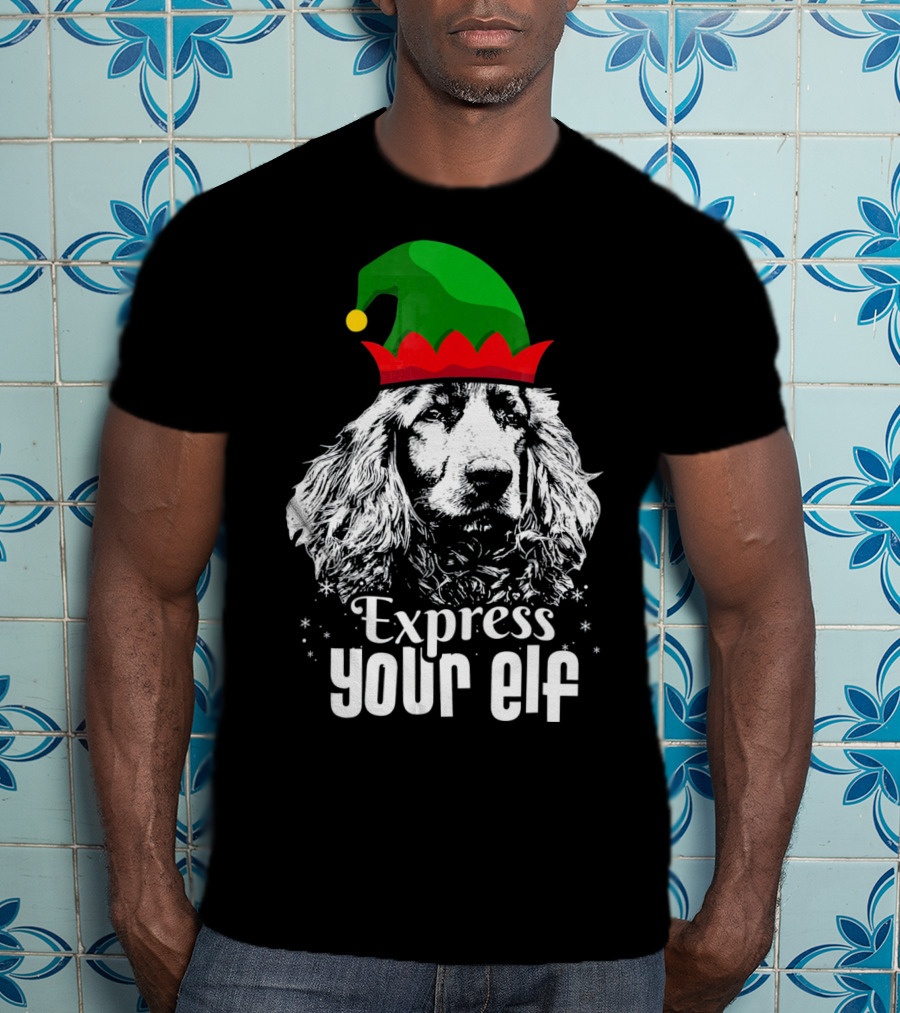 Express Your Elf English Cocker Spaniel Christmas Dog Wearing Green And Red Elf Hat T-Shirt