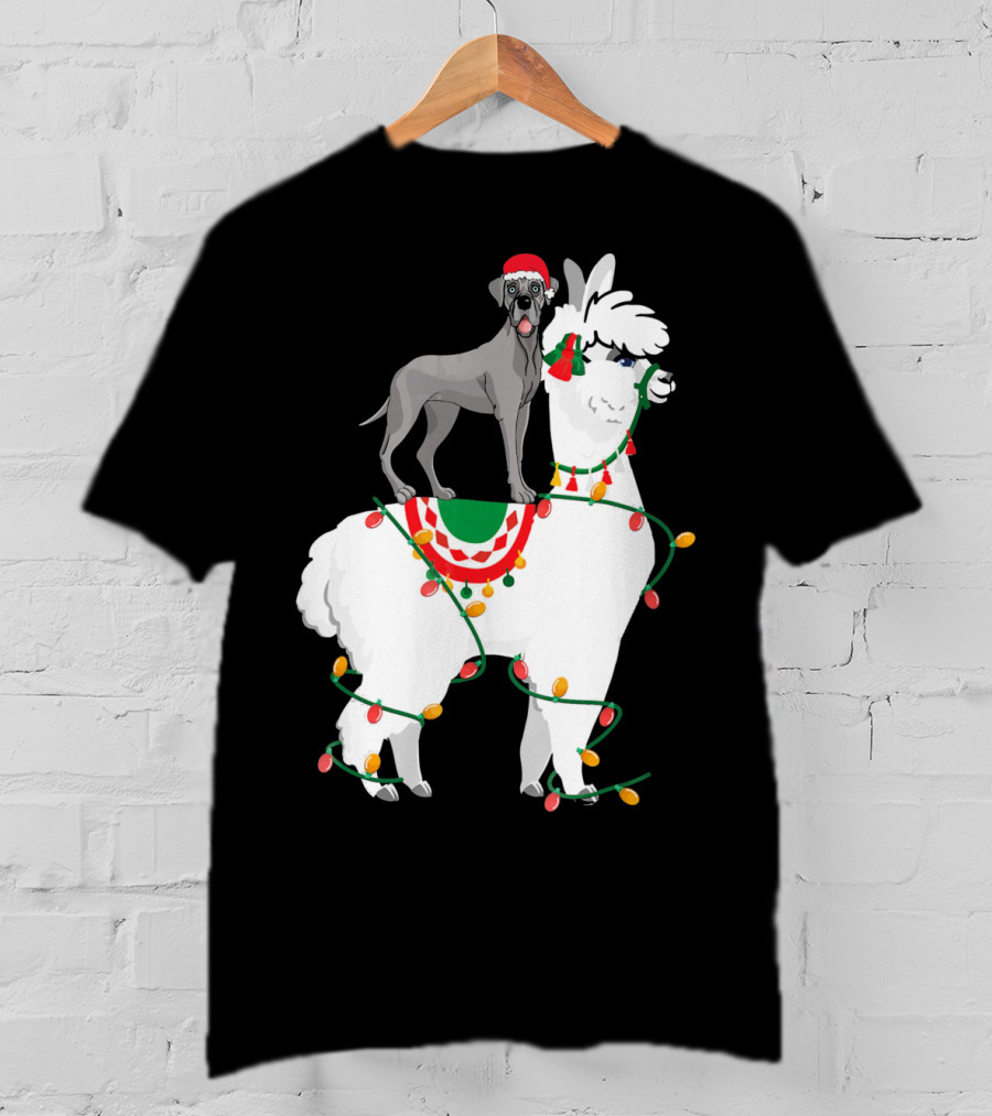 Fa La LLAMA Great Dane With Santa Hat On Llama Christmas Lights T-Shirt