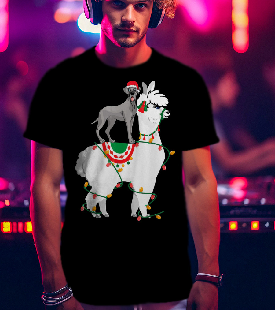 Fa La LLAMA Great Dane With Santa Hat On Llama Christmas Lights T-Shirt